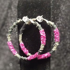 Hoop Earrings Camouflage and Hot Pink Glitter